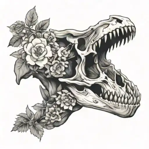 Dinosaur skull with flowers and plants  tattoo design idea