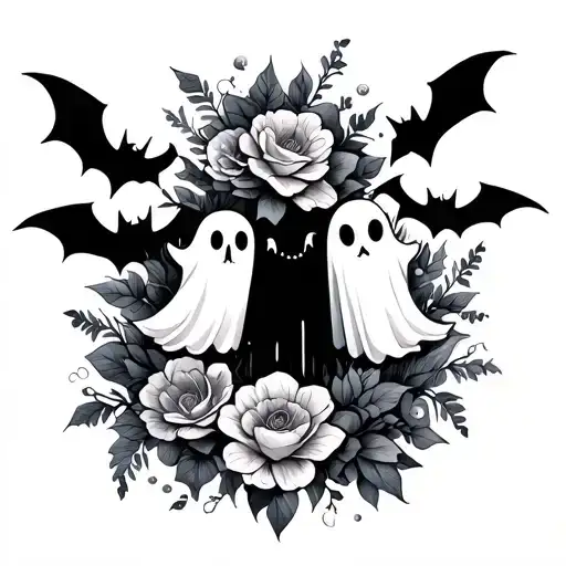a Cute tattoo with ghosts, flowers, bats, outline tattoo design idea