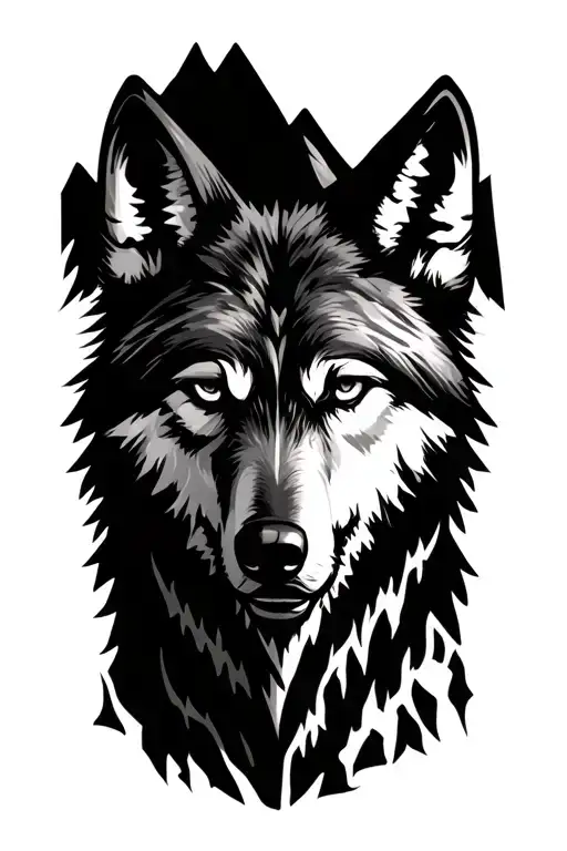 scarred wolf facing a mountain tattoo design idea