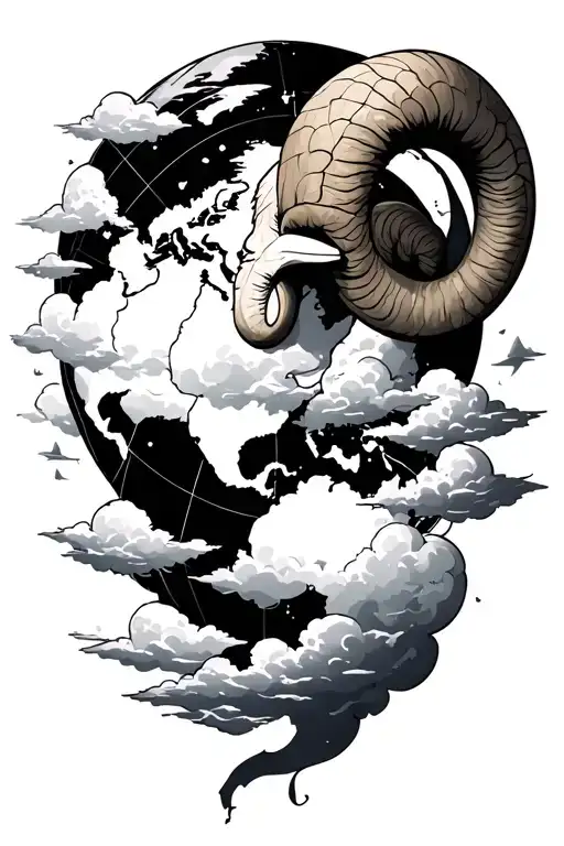 aries zodiac sign with clouds and compus world travel tattoo design idea
