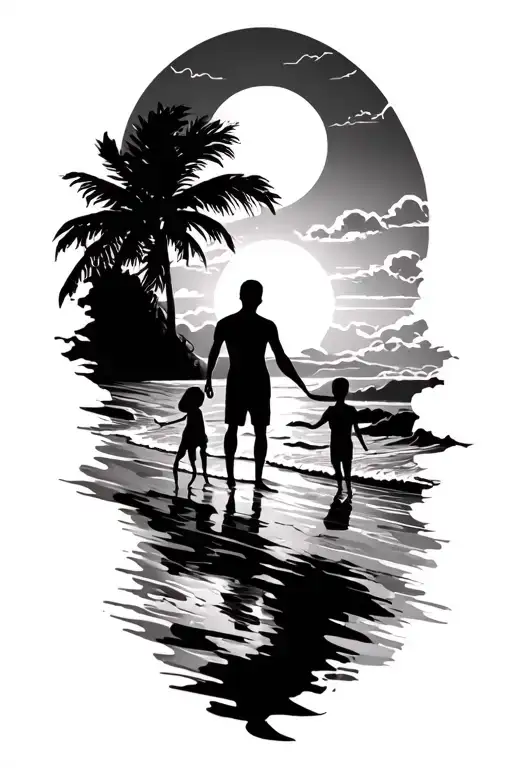sunset beach scheme black sillhouete.  Very tall man, tall girl and small boy holding hands.  tattoo design idea