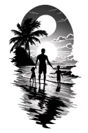 sunset beach scheme black sillhouete.  Very tall man, tall girl and small boy holding hands.  tattoo design idea