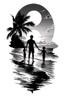 sunset beach scheme black sillhouete.  Very tall man, tall girl and small boy holding hands.  tattoo design idea