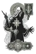 incomprehensible dmt time god alien grim reaper holding scroll tattoo design idea