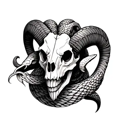 serpent and ram skull made tattoo design idea