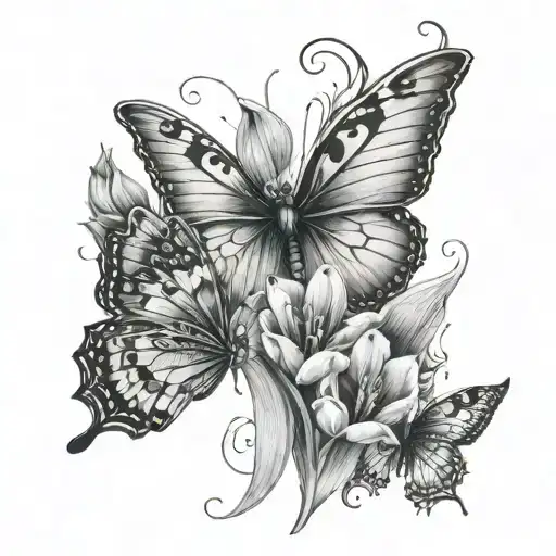 butterfly with one half being the butterfly, the other half is flowers with tulips and down the middle is 222  tattoo design idea