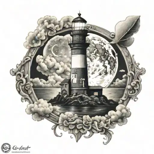 lighthouse in full moon surrounded tattoo design idea
