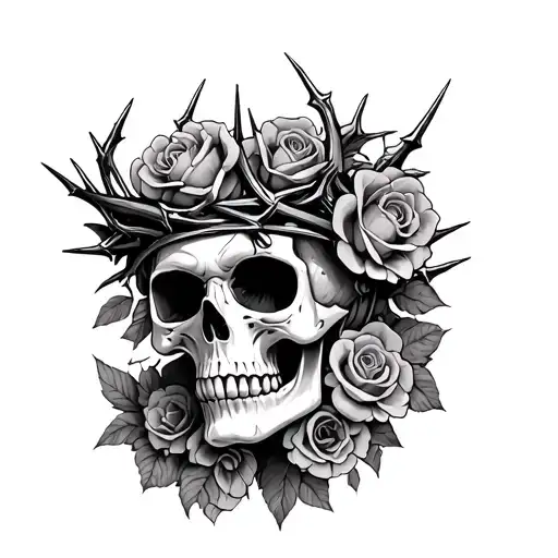sant muerta skull with thorn crown and small roses all over  tattoo design idea