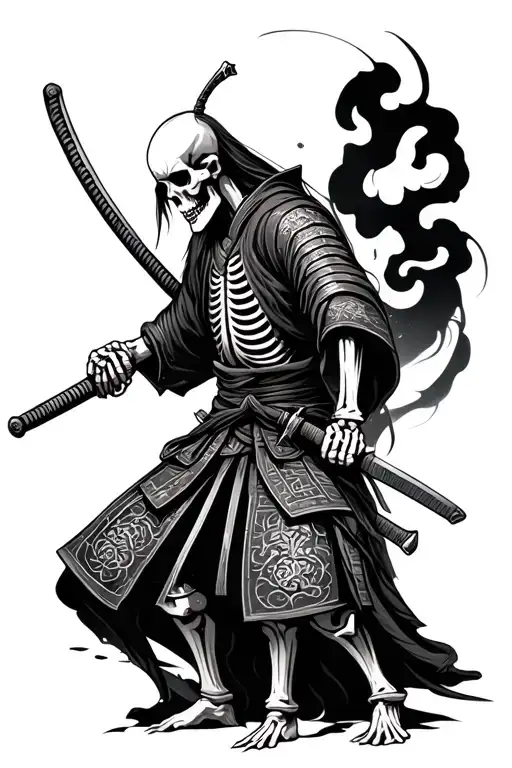 Skeletal samurai holding his katana sword tattoo design idea