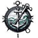nautical chart with navy chief anchor with with waves and a compass tattoo design idea