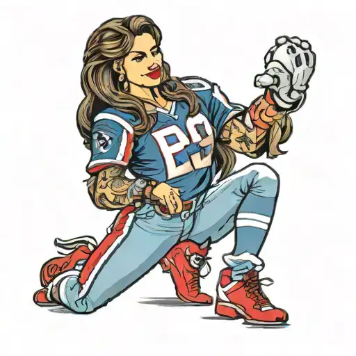 full body pinup of Hispanic woman with long hair wearing a New England patriots jersey tattoo design idea