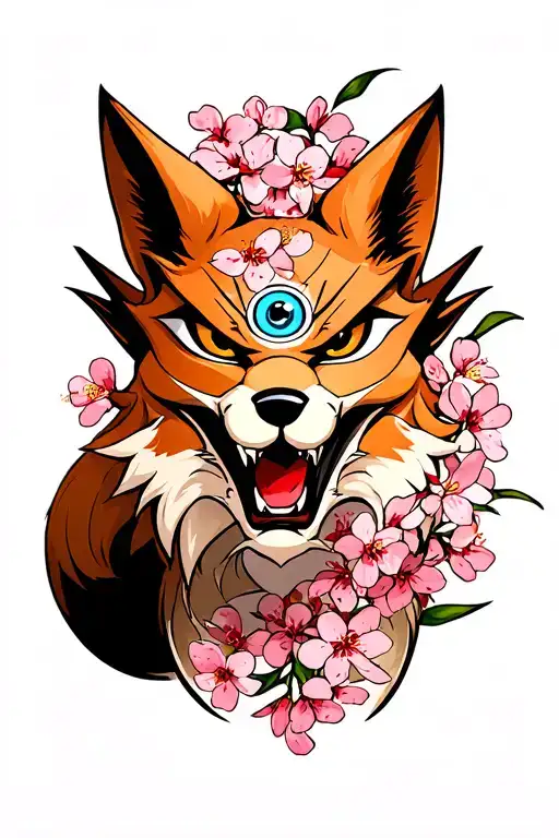 realistic evil kitsune mask with 3rd eye on the forehead surrounded by cherry blossoms tattoo design idea