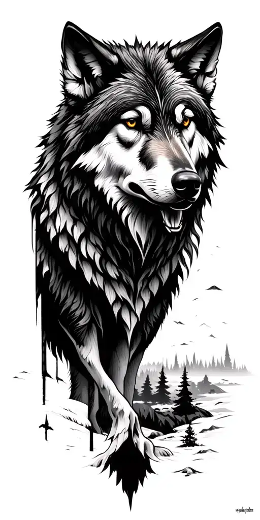 Massive forest landscape with a wolf with marked God forgives tattoo design idea
