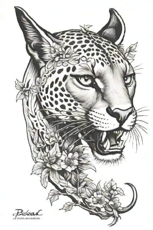 A fierce puma stalking through a dense forest tattoo design idea