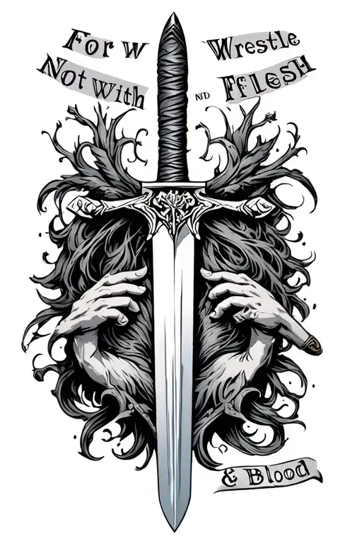 saint dymphna sword "for we wrestle not with flesh and blood" tattoo design idea
