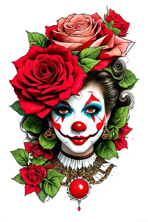 Cholo Clown Girl lowrider car red rose blooming tattoo design idea