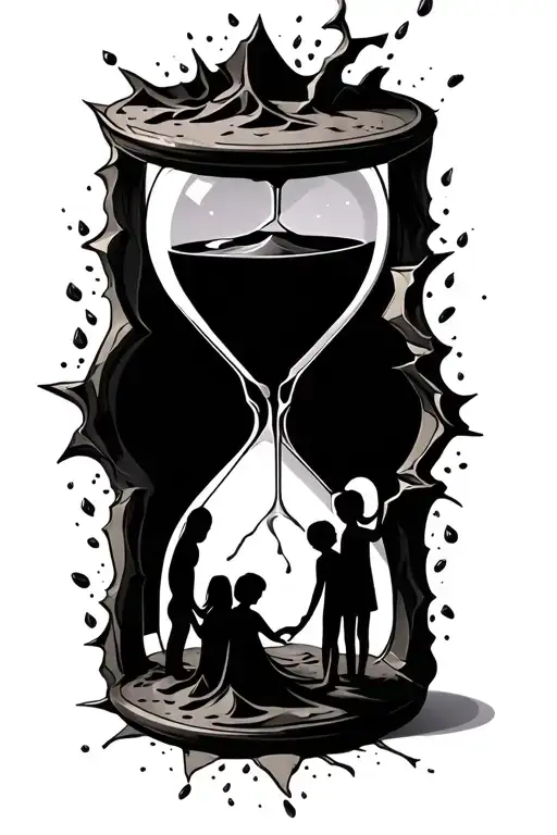 a beautiful broken hourglass with sand pouring out and a silhouette of a mother holding her two sons and daughter's hand tattoo design idea