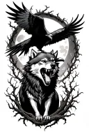 snarling wolf with bared teeth and tounge a raven with wings spread and vines around blood moon in background  tattoo design idea