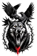 snarling wolf with bared teeth and tounge a raven with wings spread and vines around blood moon in background  tattoo design idea