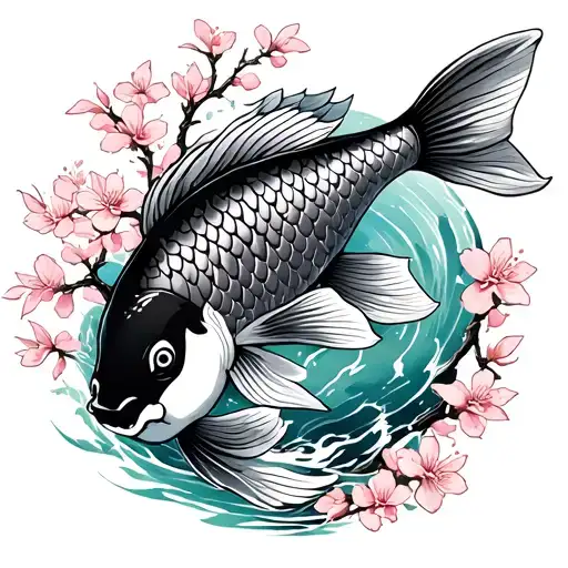 koi fish with cherry blossom tree tattoo design idea