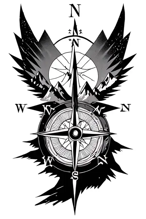 compass with mountains inside the compass and elf test tattoo design idea