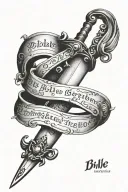 a sword piercing through a scroll, on the sword handle it the word whole-hearted, and on the scroll is 2 Bible verses  tattoo design idea