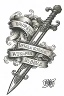a sword piercing through a scroll, on the sword handle it the word whole-hearted, and on the scroll is 2 Bible verses  tattoo design idea