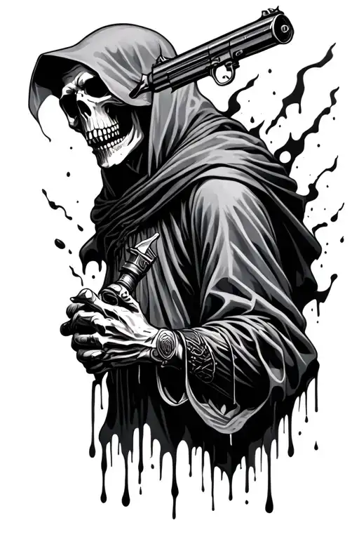 grim reaper melting with a gun tattoo design idea