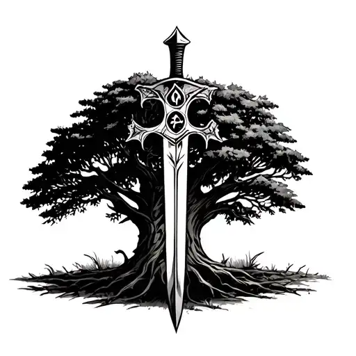 A dagger with wear signs inserted in a tree as if it had been launched with a background of nature to give peace tattoo design idea