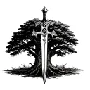 A dagger with wear signs inserted in a tree as if it had been launched with a background of nature to give peace tattoo design idea