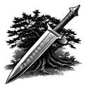 A dagger with wear signs inserted in a tree as if it had been launched with a background of nature to give peace tattoo design idea
