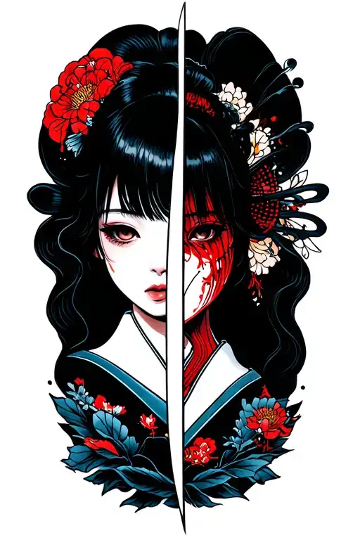 just knife with a japanese girl with half of head cut off in the reflection of the knife (gore) tattoo design idea