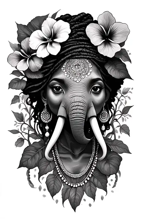Africa, afican woman, african violet, elephant, flowers, vines, tattoo design idea