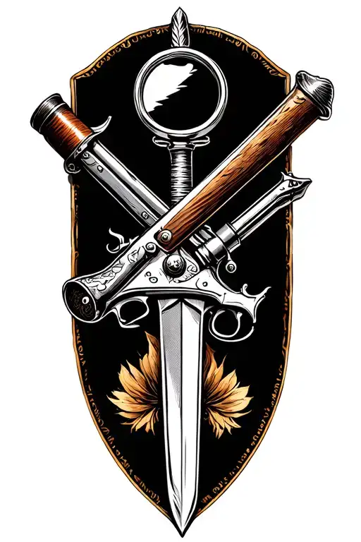 flintlock pistol crossed with cutlass sword crossed with magnifying glass crossed with quill pen tattoo design idea