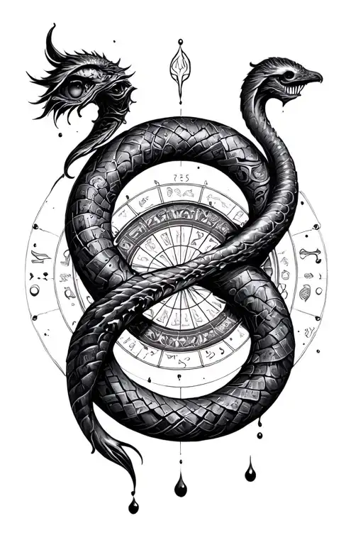 an ouroboros in the shape of infinity with the wheel of fortune tarot in one of the circles. the art style is ink drop. tattoo design idea