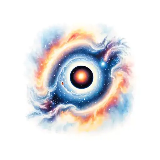hyperrealistic outerspace with background of galaxies focal point is black hole sucking up a planet tattoo design idea