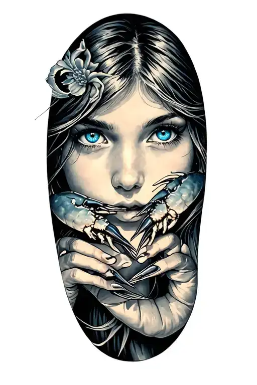two girls selling shrimp and crab claws with blue eyes tattoo design idea