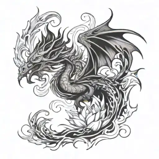 dragon breathing fire, turns into lotus flower and phoenix tattoo design idea