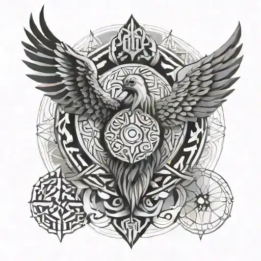 geometric norse goddess plus geometric phoenix and other geometric patterns for a forearm sleeve tattoo design tattoo design idea