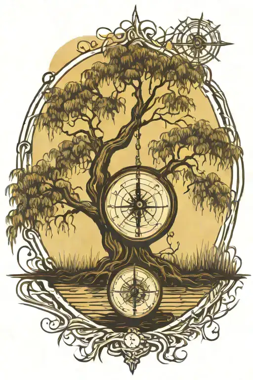 weeping willow tree with compass interwined in the roots tattoo design idea