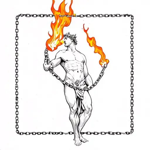 Prometheus in chains with flames licking at him, minimalist sketchbook tattoo style, fine linework + subtle shading. tattoo design idea