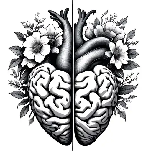 Half Brain Half Heart, fine line minimal shading, floral influence  tattoo design idea