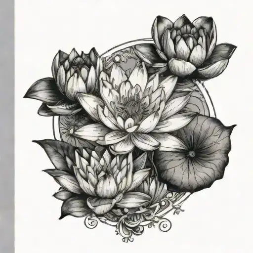 water lily's with card in the middle surrounded by violets. inside card theres a pisces goddess tattoo design idea