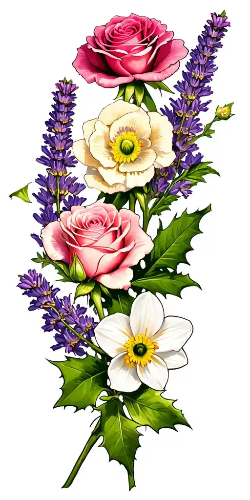 Two Lavenders , a pink carnation, two roses, two honey suckles, a white narcissus, and a holly flower  tattoo design idea