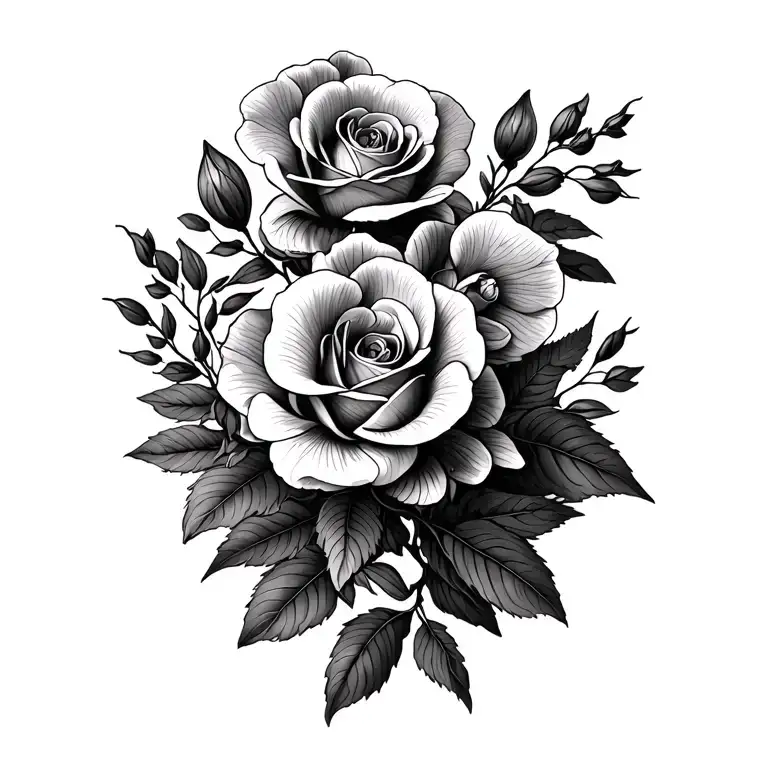 orchids, old english roses and herbs tattoo design idea