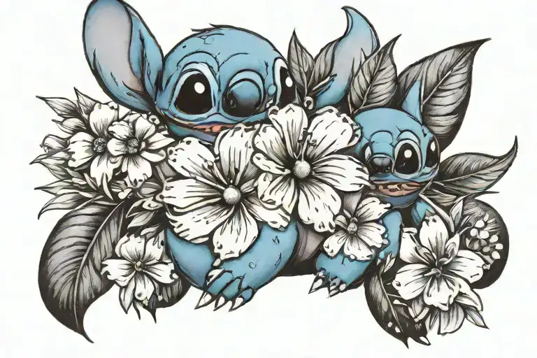 stitch with flowers tattoo design idea