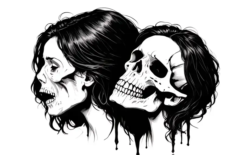 women crying taking off mask split skull face tattoo design idea