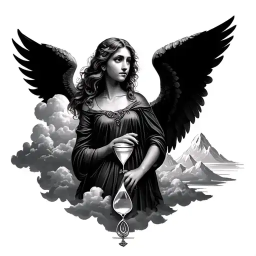 Mountains, Clouds, Animals, Hourglass, realistic woman with angel wings tattoo design idea