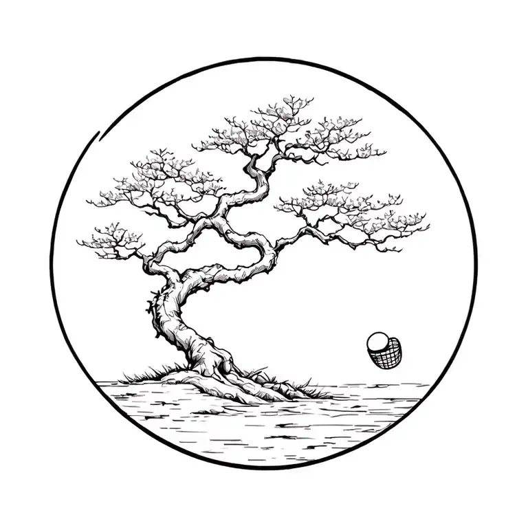 bonsai tree with disc golf basket nestled tattoo design idea