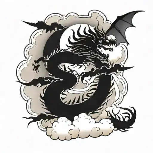 japanese Dragon flying in clouds tattoo design idea